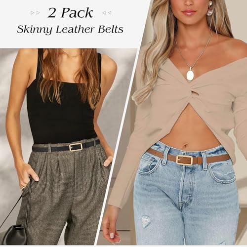 2 Pack Women's Skinny Genuine Leather Belt Rectangle Gold Buckle Black Belt3