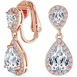 Lampara Araña Rosa Bridal Teardrop CZ Halo Prom Dangle Drop Statement Lámpara De Araña Clip On Earrings Cubic Zirconia Rose Gold Plated Brass