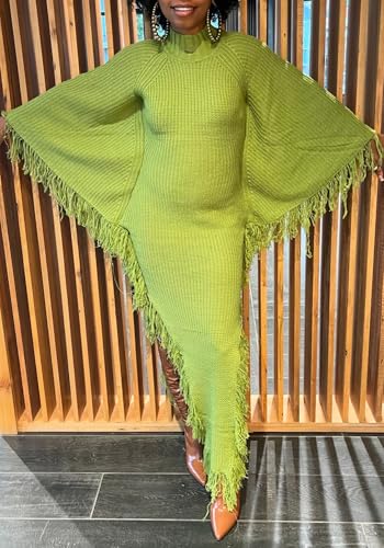 NRTHYE Women Fringe Long Sweater Dresses Knit Turtleneck Batwing Sleeve Sexy Side Slit Tassel Maxi Sweater Dress4