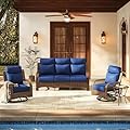 PIZZELLO 4 Pieces Patio Furniture Set w/3-Seater Outdoor Sectional Sofa, Swivel Rocker Patio Chairs and Side Table, Outdoor Wicker Conversation Set for Backyard (5" Cushions and 25" Full Support Back)