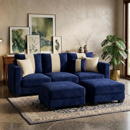 Image of Vero 5 Seater L Shape Sofa Set with 2 Movable Ottomans | Flexible Layout | Luxury Velvet Suede Fabric | Modern Living Room Sofa | Dark Blue