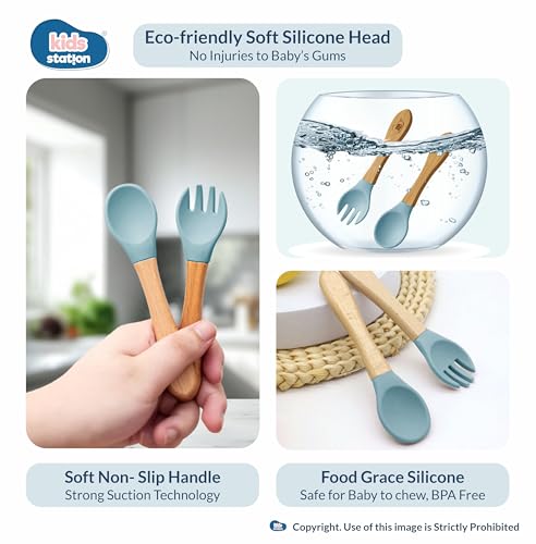 Image of Kids Station Koala Design 5-Piece Silicone Feeding Set for Babies | BPA-Free, Includes Suction Plate, Bowl, Spoon, Fork & Bib | Ideal for Infants & Toddlers (Set of 5 Koala Feeding Set, Blue)