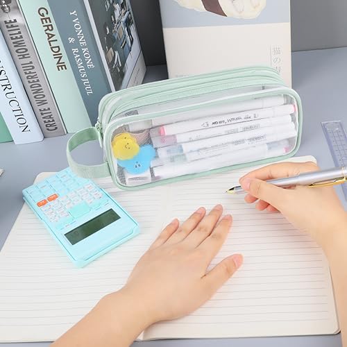 Image of Oyachic 2 Compartment Pencil Case Clear Mesh Pen Pouch Grid Makeup Cosmetics Bag Transparent Marker Organizer Office Business Travel Adults,green