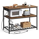 VASAGLE Kitchen Island with 3 Shelves, 47.2 Inches Width Kitchen Shelf with Power Strip, Large Worktop, Stable Steel Structure, Industrial, Easy to Assemble, Rustic Brown and Black UKKI101K01