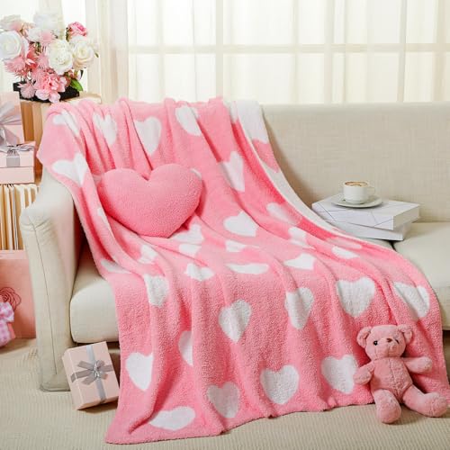 FuWeave Heart Pillow Blanket and Pillow Set Include 50 x 60 Inch Double Sided Pink Flannel Blanket...