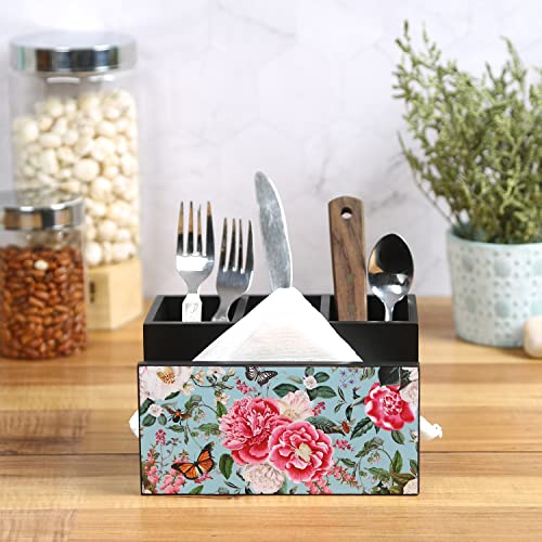 Image of Reinvention Factory Wooden Cutlery Holder I Countertop Organizer - Spoon Fork Knife Napkin Tissue Paper I Desk Supplies Pencil Pen Stationery Stand I Home & Kitchen I Size 7 inch X 5 inch X 4 inch (Fairy Garden)