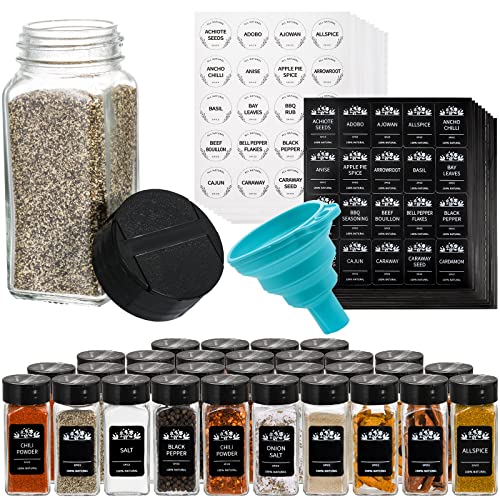 Tebery 30 Pack Glass Spice Jars Square Glass Bottles with Black Caps, 4oz Empty Spice Containers Shakers Complete Organizer Set Includes Shaker Lids, Wide Funnel and Labels
