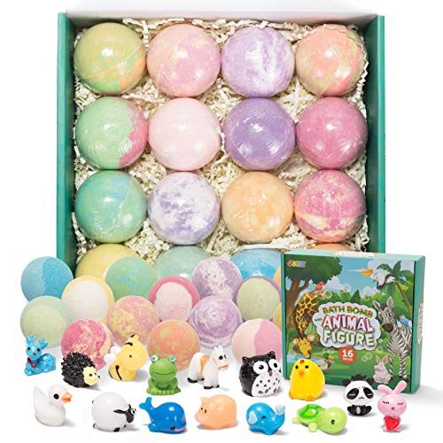 JOYIN Bath Bombs for Kids with Animal Figures, 16 Pack Bubble Bath Bombs with Surprise Toy Inside, Natural Essential Oil SPA Bath Fizzies Set, Kids Safe Birthday Gift Set for Boys and Girls