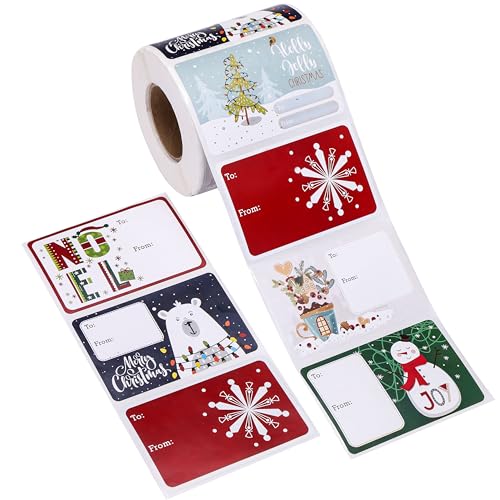 SUNCOLOR Christmas Gift Tags, 500 Count, 3x2 Inch Self-Adhesive Labels, 6 Festive Designs, to-from...