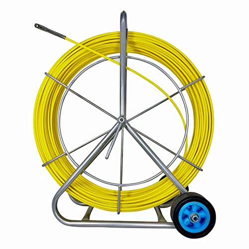 8MM 150M Fiberglass Duct Rodder Conduit Fish Tape Cable Puller Electrical Wire Puller Fiberglass Running Rod Wheel with Cage