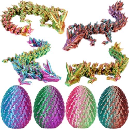 4Pcs 3D Printed Dragon Eggs with Dragon Inside Articulated Animals Cool Crystal 3D Print Dinosaur Toy Dino Eggs for Boys Girls Home Decor
