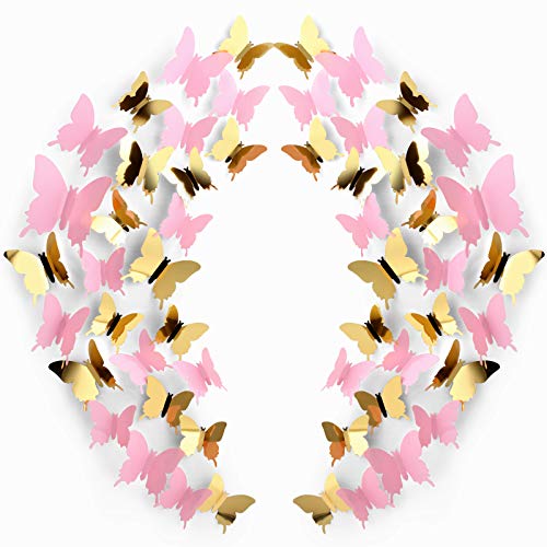 120 Pieces 3D Butterfly Wall Stickers 3 Sizes Removable Butterfly Mural Decals for Baby Kids Room Wedding Home Fridge DIY Art Decor (Pink, Gold)