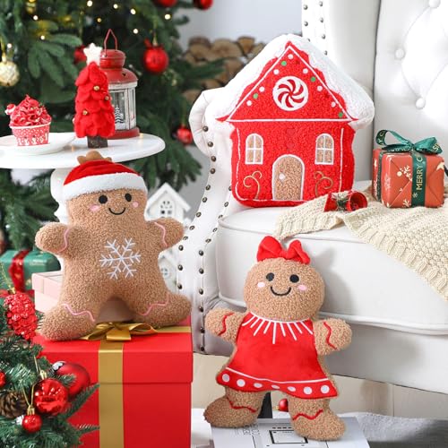 Image of Konohan 3 Pcs Christmas Gingerbread Pillows House Man Throw Pillows Stuffed Gingerbread Shaped Pillow for Christmas Party Outdoor Cushion Decorations (Red,Lovely Style)