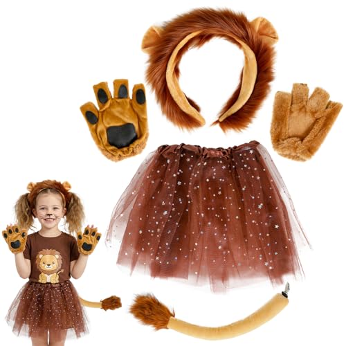 Juego de 4 piezas de disfraz de león, guantes, cola y falda tutú, juego de león, perfecto para niños y adultos, disfraz de león para cosplay de cumpleaños, Halloween, carnaval, actuación escénica