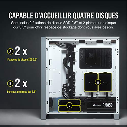Corsair 4000D Boîtier ATX Moyen Tour en Verre Trempé (Panneau Avant en Acier Massif, Panneau latéral Verre Trempé, Système de Gestion des Câbles RapidRoute, Deux Ventilateurs de 120 mm Inclus) Blanc