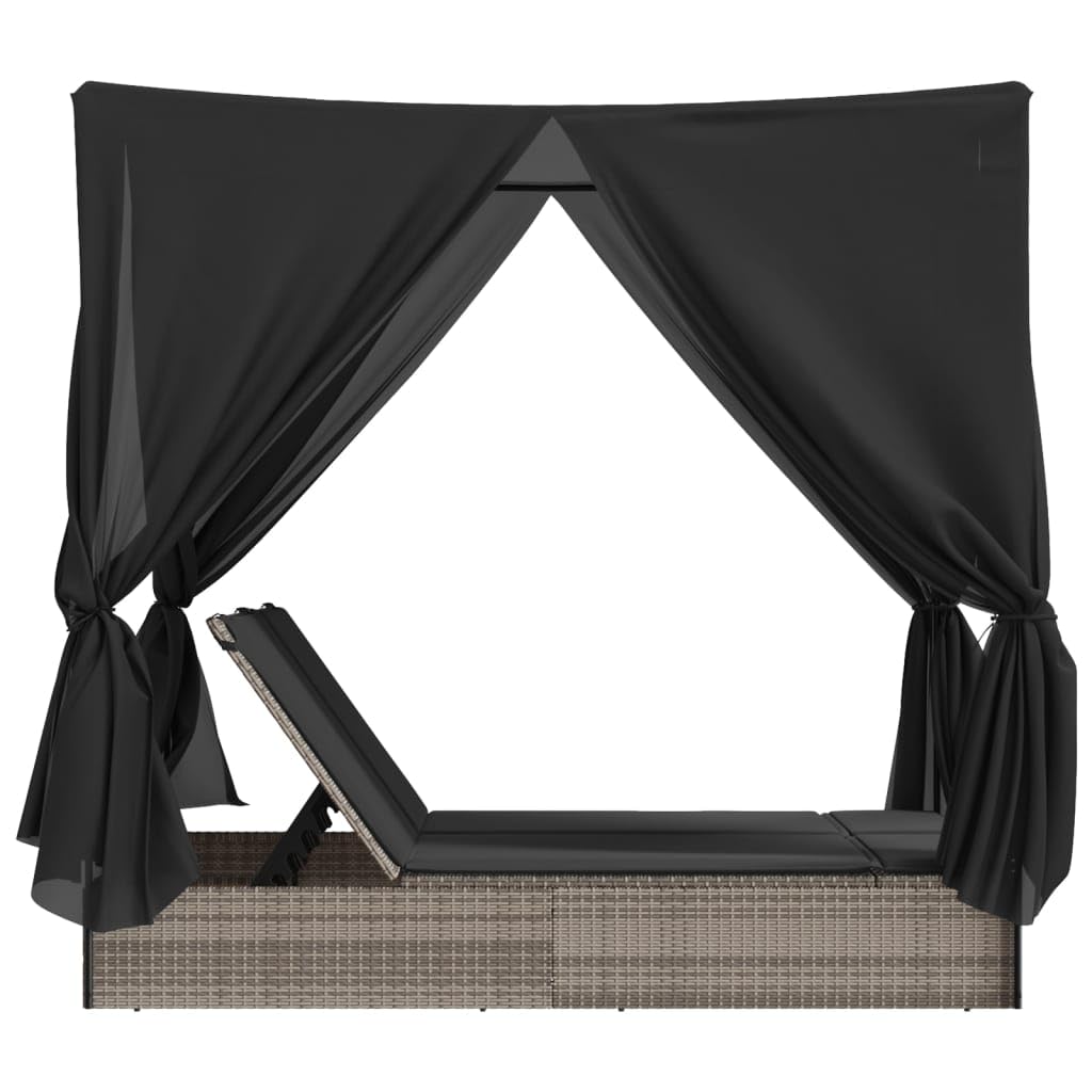 HUAKEHOM Doppelliege mit Dach und Vorhängen Sonnenliege Gartenliege Verstellbare Rückenlehne Relaxliege Sonneninsel Liege Gartenmöbel Grau Poly Rattan