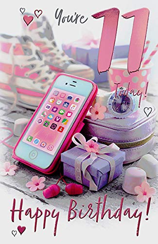 Words and Wishes 11th Birthday Greeting Card - Photographic Mobile Phone Design - Pink Foil Finish