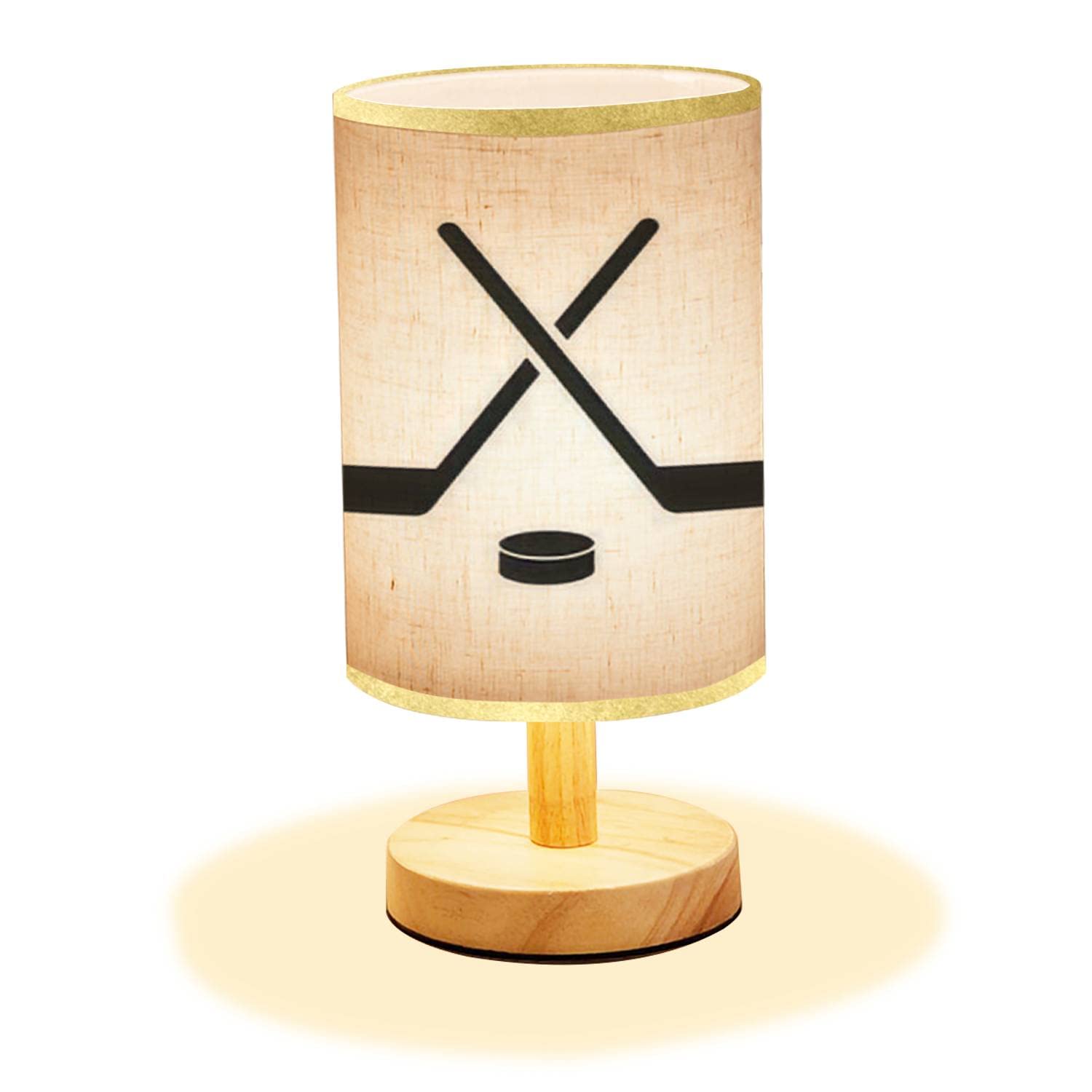 LOPYEIJFG Minimalist Bedside Table Lamp Hockey Game Equipment Hockey Wood Nightstand Lamp Bedside Desk Lamp Wood Base Flaxen Fabric Shade for Bedroom
