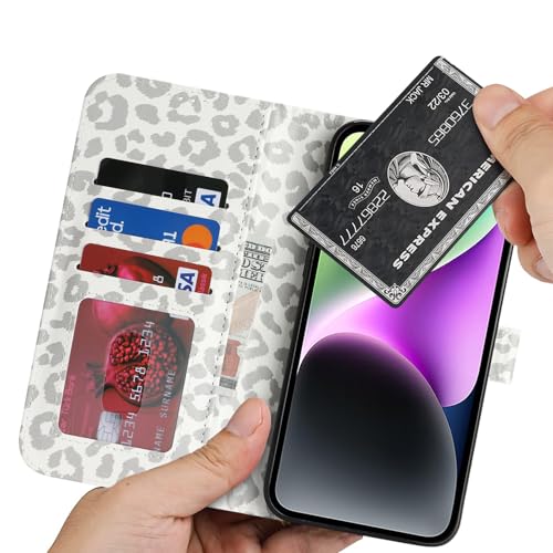 Image of for iPhone 14 Case Wallet with Card Holder,for iPhone 13 Wallet Case for Women Men,PU Leather Shockproof Magnetic Buckle Stand Flip Phone Case-White Leopard