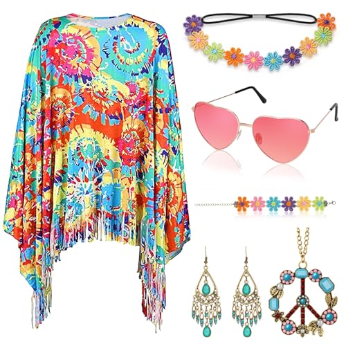 Alintor Hippie Kostüm Damen, 70er Jahre Outfit Damen, Flower Power Kleidung, Schlagermove Outfit, Faschingskostüme, Karneval