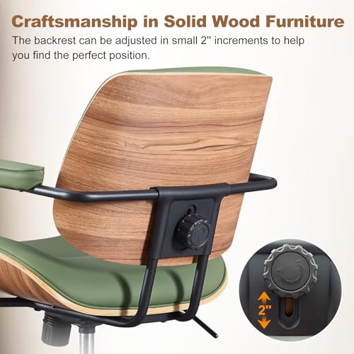 Image of Mid Century Modern Office Chair with Adjustable Backrest, Wooden Desk Chair with Armrests, Swivel Height Adjustable Home Office Chair, Comfortable Task Chair for Home Office, Green