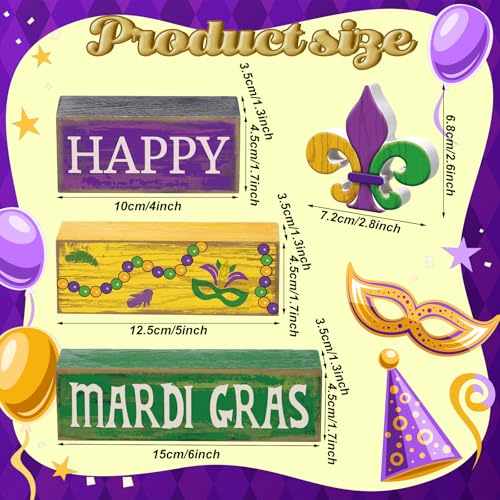 Image of Moucuny 4 Pcs Mardi Gras Decorations Mardi Gras Wooden Sign Carnival Table Centerpiece Carnival Tiered Tray Decor Decorative Faux Book Stack Block for Masquerade Party Fireplace Mantel Shelf