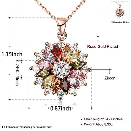 Colorful Snowflake Pendant Necklace, Rose Gold Plated Multi Gemstone Necklaces Marquise Cubic Zirconia Necklace for Women, 18+2 inch2