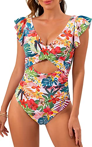 Image of B2prity One Piece Swimsuits for Women Ruffle Sleeve V Neck Bathing Suit Tummy Control Cutout Monokini Slimming Swimwear