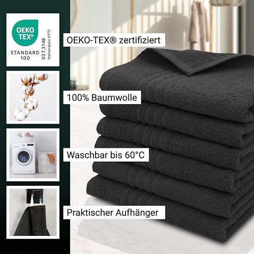 ZOLLNER 6er Set Gästehandtücher in 40x60 cm - saugstarke Gästetücher in schwarz - mit praktischem Aufhänger - mit eleganten Tiefgangstreifen - waschbar bis 60°C - Baumwolle - Hotelqualität