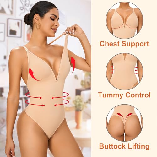 Deep V Neck Bodysuit Low Back Corset Shapewear for Women Tummy Control Thong Backless Body Shaper2