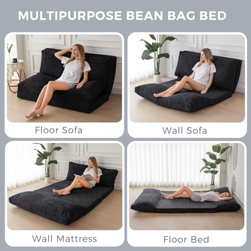 Image of MAXYOYO Folding Sofa Bed, Extra Thick and Long Floor Sofa Convertible Chair with Washable Cover, Floor Couch Lounge Bean Bag Bed for Living Room, Black, 30 inchx91 inch