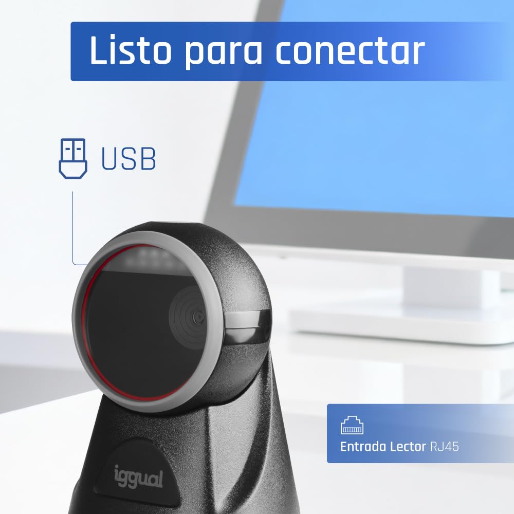 iggual-Lector de Códigos de Barras Sobremesa 2D USB – Escáner Automático con Sensor CMOS, Escáner de Sobremesa Manos Libres- - 200esc/seg. para Tiendas, Supermercados, Farmacias etc.…