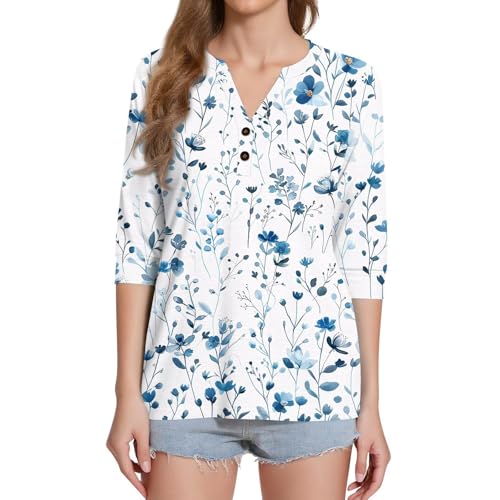 Womens Blouses 3/4 Sleeve Vintage Floral Business Shirts V Neck Button Down Blouses Relaxed Fit T-Shirts Fall Clothes2