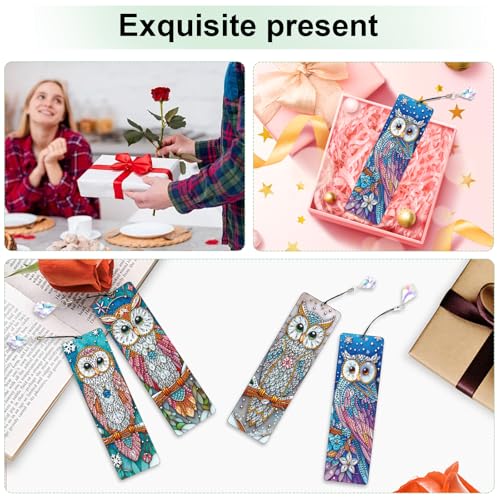 Image of 4 Pcs Diamond Painting Bookmarks, Owl DIY 5D Special Shaped Rhinestone Bookmark Kits for Adults, Handmade Diamond Art Bookmark with Tassel Pendant for Reading Gifts