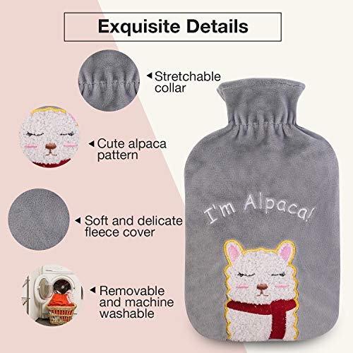 Hometop Premium 2 Liter Classic Rubber Hot Water Bottle With 3D Cute Alpaca Fleece Cover (2L, Gray) #TOP1