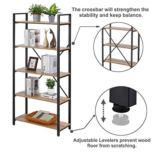 Fatorri 5 Tier Industrial Bookshelf, Rustic Etagere Bookcase For Display, Vintage Shelving Unit Wood And Metal Book Shelves For Home Office ( Rustic Oak) #TOP4