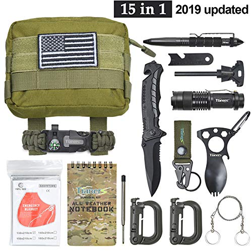Tianers Emergency Survival Kit 16 in 1, Upgrade Compact Survival Gear, Tactical Survival Tool for Cars, Camping, Hiking, Hunting, Adventure Accessorie (Survival Kit Green)