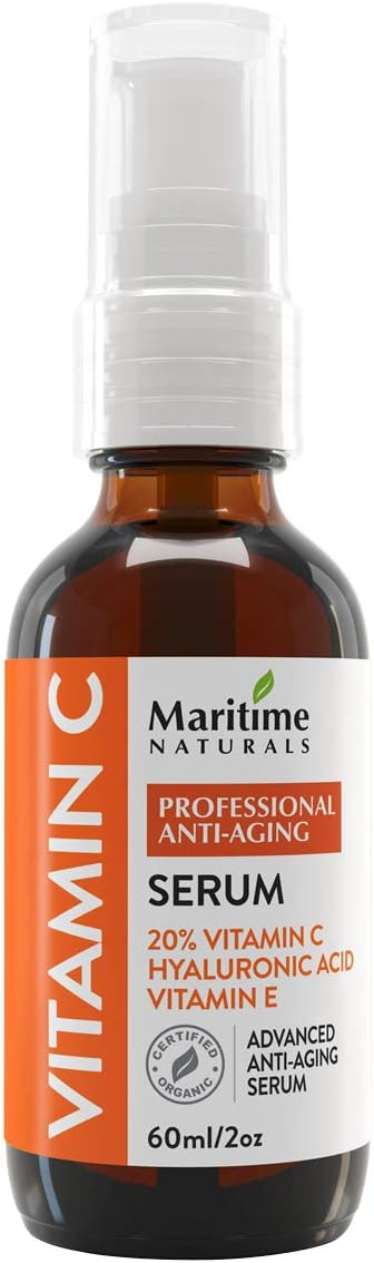 Suero de vitamina C 20% de Maritime Naturals – Sérum Ácido Hiaulurónico – Sérum Antiedad y Antiarrugas – Certificado Orgánico – Bote GRANDE de 60ml