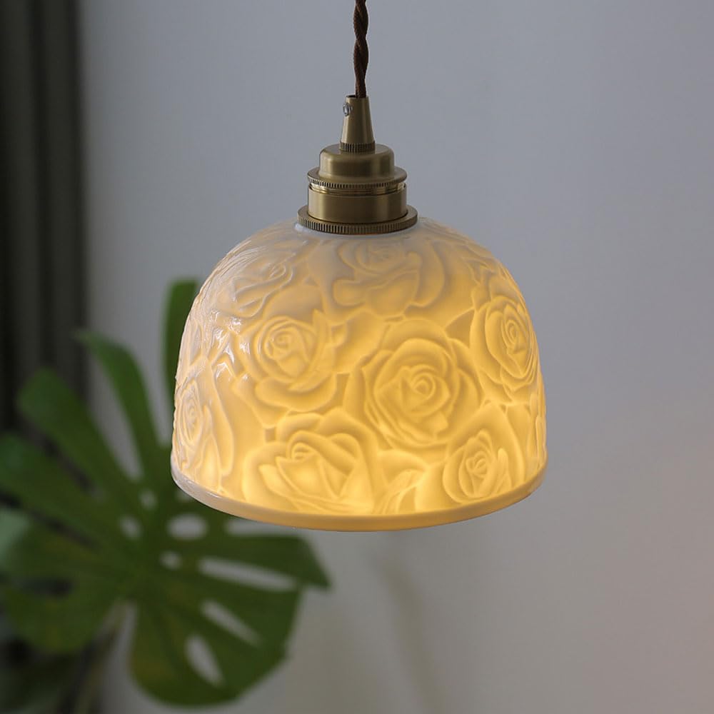 1-punktowa lampa wisząca ceramiczna lampa wisząca, E26/E27 lampa sufitowa zwisająca lampa nordycka do kuchni wiejskiej wyspy sypialnianej 6,1 cala średnicy biały różany wzór abażur innovate