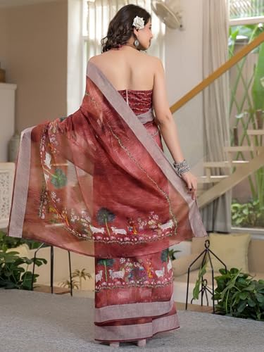 Image of Satrani Women's Linen Printed & Embroidery Ready To Wear Saree with Unstitched Blouse Piece