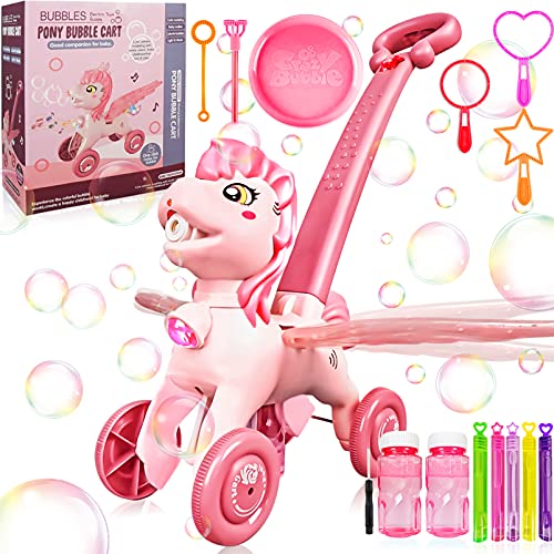 Bubble Machine Blower Blaster Lawn Mower Maker Pink Toy Fun Portable Handheld Automatic Electric Outdoor Summer Birthday Best Gift Light Music for Toddler Boy Girl Kid 1 2 3 4 5- Year Old Unicorn