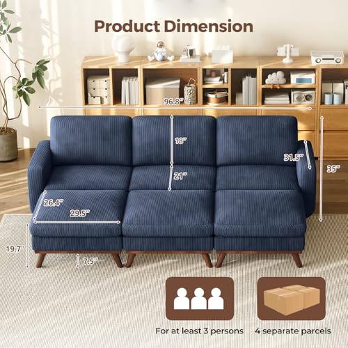 Image of Vesgantti 97 inch Modular Sectional Sofa Drak Blue, Sectional Couch with Movable Ottoman, Comfy Corduroy Couch with Spring Cushion, Modular Sofa with Deep Seat for Living Room, Bedroom and Apartment