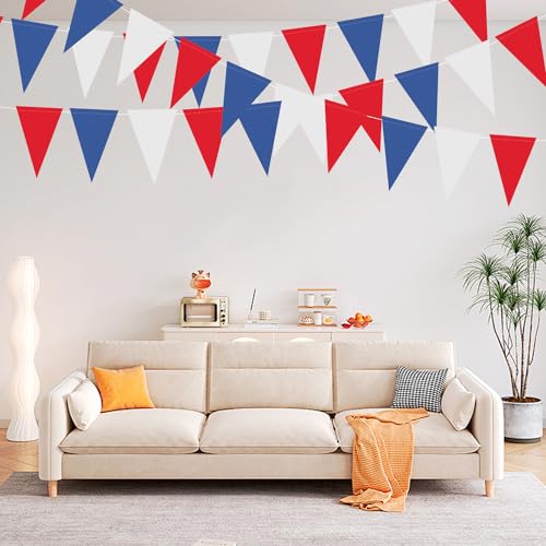 Image of XIANMU 40 Feet 104 Pcs Red White Blue Banner Patriotic Party Decorations Paper Pennant Triangle Flag Bunting Garlands for 4th of July Independence Day Graduation Party Decoration Supplies