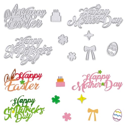 Hying Happy Easter Words Cutting Dies for Card Making, Happy Saint Patrick Day Letters Die Cuts Mother's Day Flowers Dies Stencils Embossing Template for Craft Scrapbooking DIY Photo Album Decorations