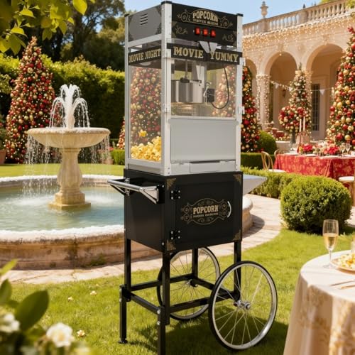 Trygoal Popcorn Machine with Cart, Popcorn Maker with 20 Oz Kettle, Vintage Movie Theater Style Pop Corn Popper with 16" Bicycle-Style Wheels & a Cabinet for Home Theater, Parties, Events, Black