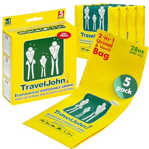 TravelJohn Economical Disposable Urinal 2-in-1 Design for Vomit/Urine Paper Bag for All Genders & Ages Disposable Urine Bags for Travel Emergency Camping & Car Road Trips 5 Pack (TJ1P)