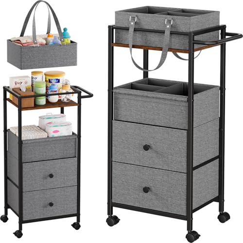 Image of Modanais Baby Diaper Caddy Organizer Cart with Drawers - 3In1 Rolling Storage Cart with Wheels, Removable Diaper Caddy, Detachable Dividers - for Crib, Bedroom, Art & Craft Organizer (Black)