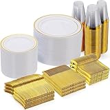 Goodluck 600 Pieces Gold Disposable Plates for 100 Guests, Plastic Plates for Party, Dinnerware Set of 100 Dinner and 100 Dessert Plates, 100 Spoons, 100 Forks, 100 Knives, 100 Cups