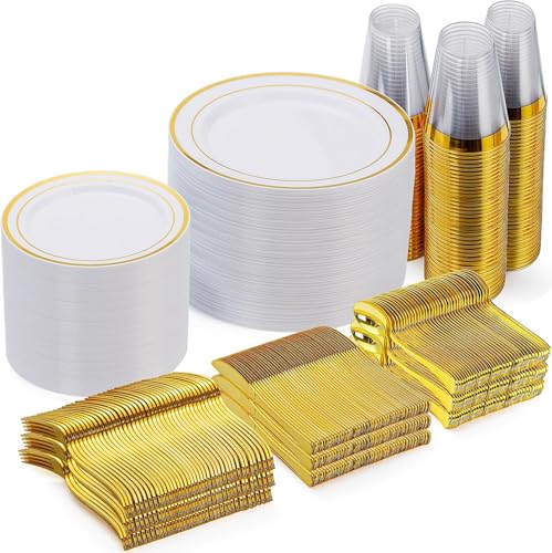 Goodluck 600 Pieces Gold Disposable Plates for 100 Guests, Plastic Plates for Party, Dinnerware Set of 100 Dinner and 100 Dessert Plates, 100 Spoons, 100 Forks, 100 Knives, 100 Cups Goodluck 600 Pieces Gold Disposable Plates for 100 Guests, Plastic Plates for Party, Dinnerware Set of 100 Dinner and 100 Dessert Plates, 100 Spoons, 100 Forks, 100 Knives, 100 Cups