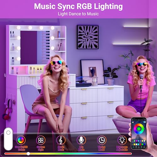 Image of Vanity Desk with Mirror and Lights, Fluted Makeup Vanity with 8 Drawers, Storage Shelves, RGB Light and Power Outlet, Bedroom Dessing Table for Women, Girls, White,56.7 inch